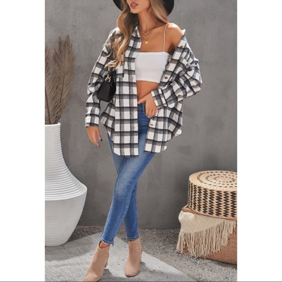 Tops - Black and White Button Down Plaid Flannel Shirt